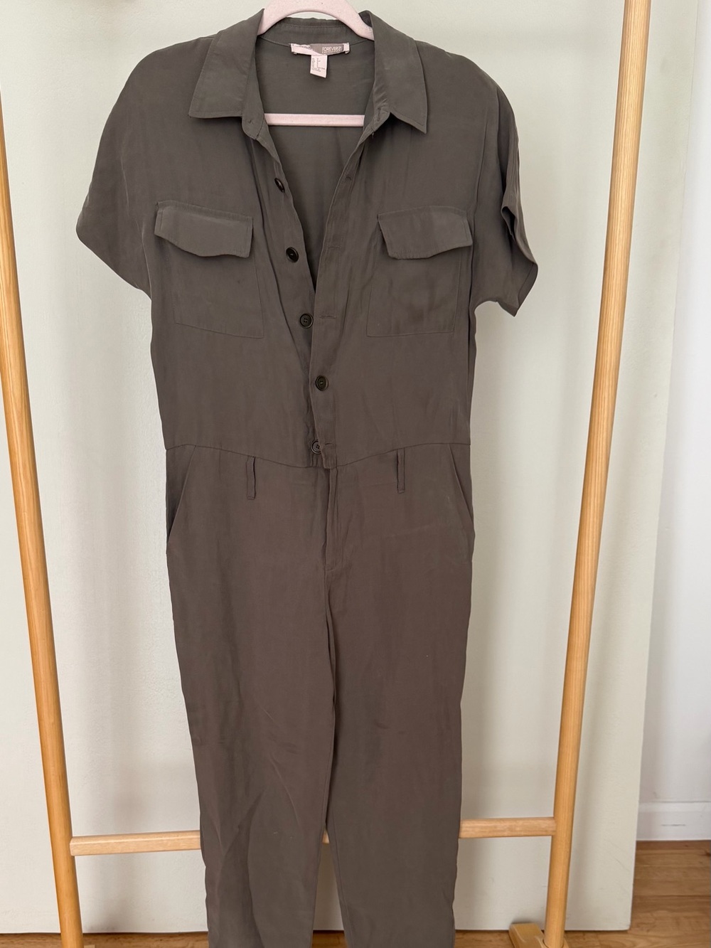 Forever 21 Olive Short-Sleeve Utility Jumpsuit